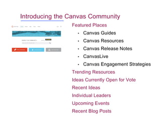 Introducing the Canvas Community
Featured Places
• Canvas Guides
• Canvas Resources
• Canvas Release Notes
• CanvasLive
• Canvas Engagement Strategies
Trending Resources
Ideas Currently Open for Vote
Recent Ideas
Individual Leaders
Upcoming Events
Recent Blog Posts
 