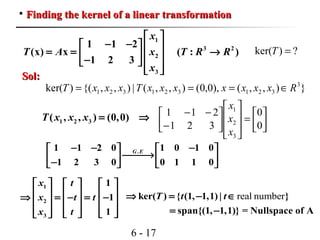 6 - 17

Finding the kernel of a linear transformationFinding the kernel of a linear transformation
1
3 2
2
3
1 1 2
(x) x ( : )
1 2 3
x
T A x T R R
x
 
− −   
= = →   −    
?)ker( =T
Sol:Sol:
}),,(),0,0(),,(|),,{()ker( 3
321321321 RxxxxxxxTxxxT ∈===
1 2 3( , , ) (0,0)T x x x = ⇒




=












−
−−
0
0
321
211
3
2
1
x
x
x
1
2
3
1
1
1
x t
x t t
x t
     
     ⇒ = − = −     
         
real numberker( ) { (1, 1,1) | }
span{(1, 1,1)} = Nullspace of A
T t t⇒ = − ∈
= −
.1 1 2 0 1 0 1 0
1 2 3 0 0 1 1 0
G E− − −   
→   −   
 