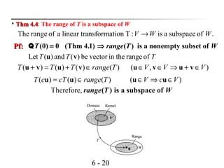 6 - 20
.:Tnnsformatiolinear traaofrangeThe WWV foecapsbusasi→

Thm 4.4Thm 4.4: The range of T is a subspace of W
Pf:Pf: (0) 0 (Thm 4.1)T =Q ( ) is a nonempty subset ofrange T W⇒
TTT ofrangein thevectorbe)(and)(Let vu
)()()()( TrangeTTT ∈+=+ vuvu
)()()( TrangecTcT ∈= uu
),( VVV ∈+⇒∈∈ vuvu
)( VcV ∈⇒∈ uu
Therefore, ( ) is a subspace ofrange T W
 