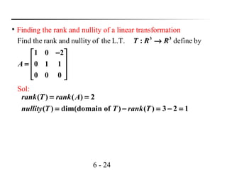 6 - 24

Finding the rank and nullity of a linear transformation
Find the rank and nullity of the L.T. define by3 3
:
1 0 2
0 1 1
0 0 0
T R R
A
→
− 
 =  
  
Sol:
( ) ( ) 2
( ) dim(domain of ) ( ) 3 2 1
rank T rank A
nullity T T rank T
= =
= − = − =
 