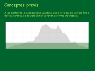 Conceptes previs
A les muntanyes, si considerem la vegetació que s'hi fa des de les valls fins a
dalt les carenes, els factors climàtics varien de forma progressiva.
 