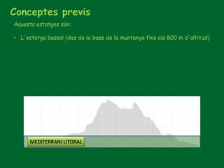 Conceptes previs
Aquests estatges són:
• L'estatge bassal (des de la base de la muntanya fins als 800 m d'altitud)
MEDITERRANI LITORAL
 
