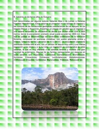 B. Sabanas de las tierras altas de Guayana

Son denominadas por algunos autores Sabanas Altas o de Lomas, o Sabanas
higrófilas Mesotérmicas. Estas sabanas se presentan en las laderas de arenisca y
las cumbres de las formaciones geológicas características de los tepuyes, en los
estados Bolívar y Amazonas. Presentan un paisaje sin árboles que se asemeja a
una sabana verdadera. Se encuentran en alturas que oscilan entre 1200 a 2800
metros, donde la precipitación promedio anual puede exceder los 3800 mm. Este
tipo de paisaje se desarrolla bajo las condiciones combinadas de la formación
Roraima, compuesta de areniscas cristalinas, con suelos altamente ácidos y
limosos, temperaturas fías que varían de 4,5 a 24 0 C. La precipitación abundante
distribuida durante todo el año, con un período de sequía muy corto y una intensa
exposición a los vientos y a la luz solar. La vegetación es característica de estas
sabanas, la que es muy diferente a las sabanas llaneras y muestra una gran
cantidad de endemismo. Algunas de las familias representadas con especies en
estas sabanas son: Rapatacea, Cyperaceae, Sarraceniaceae, Bromeliaceae,
Xyridacea, Eriocaulacea, Ochnaceae, Lentibulariaceae, Melastomataceae,
Orchidaceae, Ericaceae, Compositae, Bignoniaceae, Theaceae, Rubiaceae, etc
 