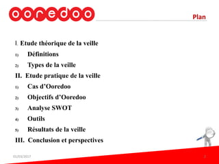 Plan
I. Etude théorique de la veille
1) Définitions
2) Types de la veille
II. Etude pratique de la veille
1) Cas d’Ooredoo
2) Objectifs d’Ooredoo
3) Analyse SWOT
4) Outils
5) Résultats de la veille
III. Conclusion et perspectives
01/03/2017 2
 