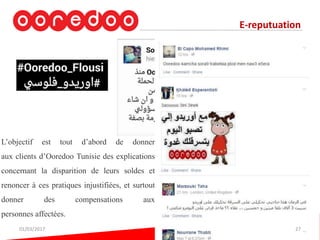 E-reputuation
L’objectif est tout d’abord de donner
aux clients d’Ooredoo Tunisie des explications
concernant la disparition de leurs soldes et
renoncer à ces pratiques injustifiées, et surtout
donner des compensations aux
personnes affectées.
01/03/2017 27
 