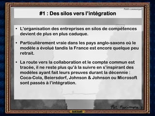 Publi-communiqué

           #1 : Des silos vers l’intégration

• L’organisation des entreprises en silos de compétences
  devient de plus en plus caduque.

• Particulièrement vraie dans les pays anglo-saxons où le
  modèle a évolué tandis la France est encore quelque peu
  retrait.

• La route vers la collaboration et le compte commun est
  tracée, il ne reste plus qu’à la suivre en s’inspirant des
  modèles ayant fait leurs preuves durant la décennie :
  Coca-Cola, Beiersdorf, Johnson & Johnson ou Microsoft
  sont passés à l’intégration.
 