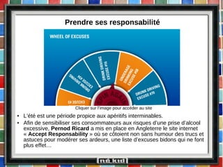 Prendre ses responsabilité L’été est une période propice aux apéritifs interminables.  Afin de sensibiliser ses consommateurs aux risques d’une prise d’alcool excessive,  Pernod Ricard  a mis en place en Angleterre le site internet «  Accept Responsability  » où se côtoient non sans humour des trucs et astuces pour modérer ses ardeurs, une liste d’excuses bidons qui ne font plus effet… Cliquer sur l’image pour accéder au site 