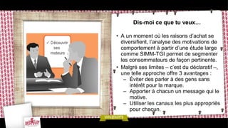 Dis-moi ce que tu veux…

• A un moment où les raisons d’achat se
  diversifient, l’analyse des motivations de
  comportement à partir d’une étude large
  comme SIMM-TGI permet de segmenter
  les consommateurs de façon pertinente.
• Malgré ses limites – c’est du déclaratif –,
  une telle approche offre 3 avantages :
   – Éviter des parler à des gens sans
      intérêt pour la marque.
   – Apporter à chacun un message qui le
      motive.
   – Utiliser les canaux les plus appropriés
      pour chacun.
 