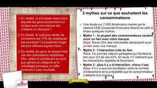 3 mythes sur ce que souhaitent les
1. En réalité, la principale raison pour            consommateurs
   laquelle les gens recherchent un
   contact avec une marque est             • Une étude sur 7.000 Américains menée par le
   d’obtenir un discount !...                cabinet CEB (Corporate Executive Board) se plaît à
                                             briser quelques mythes :
2. En réalité, le coût pour tenter de      • Mythe 1 : la plupart des consommateurs veulent
   convaincre les 77% de sceptiques          avoir un lien avec votre marque.
   est exorbitant ! La publicité image       Faux. Seuls 23% des interviewés déclaraient avoir
   est plus efficace auprès d’eux...         un lien avec une marque.
3. En réalité, les gens se lassent très    • Mythe 2 : l’interaction crée du lien.
   vite des sollicitations répétitives.      Faux. Ce sont les valeurs partagées qui fondent le
                                             lien pour 2/3 de ces 23%. Et seuls 1/7 estiment que
   Pire, celles-ci contribuent au bruit
                                             les interactions répétées le favorisent.
   que génère la catégorie et le
   mitraillage provoque un effet           • Mythe 3 : plus il y a d’interaction, mieux c’est.
   contraire à celui souhaité.               Faux. Il n’y a aucune corrélation entre le nombre
                                             d’interactions et la probabilité que le consommateur
                                             s’attache à la marque !
 
