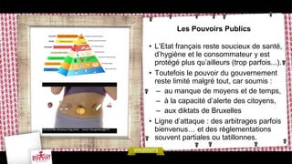 Les Pouvoirs Publics
• L’Etat français reste soucieux de santé,
d’hygiène et le consommateur y est
protégé plus qu’ailleurs (trop parfois...).
• Toutefois le pouvoir du gouvernement
reste limité malgré tout, car soumis :
– au manque de moyens et de temps,
– à la capacité d’alerte des citoyens,
– aux diktats de Bruxelles
• Ligne d’attaque : des arbitrages parfois
bienvenus… et des règlementations
souvent partiales ou tatillonnes.
 