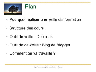 Plan Pourquoi réaliser une veille d’information Structure des cours Outil de veille : Delicious Outil de de veille : Blog de Blogger Comment on va travaillé ?  