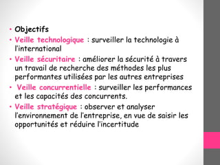 • Objectifs
• Veille technologique : surveiller la technologie à
l’international
• Veille sécuritaire : améliorer la sécurité à travers
un travail de recherche des méthodes les plus
performantes utilisées par les autres entreprises
• Veille concurrentielle : surveiller les performances
et les capacités des concurrents.
• Veille stratégique : observer et analyser
l’environnement de l’entreprise, en vue de saisir les
opportunités et réduire l’incertitude
 
