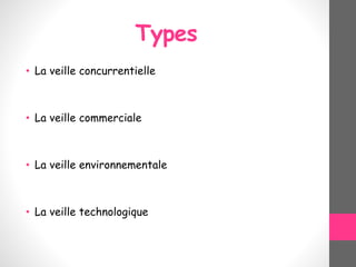 Types
• La veille concurrentielle
• La veille commerciale
• La veille environnementale
• La veille technologique
 