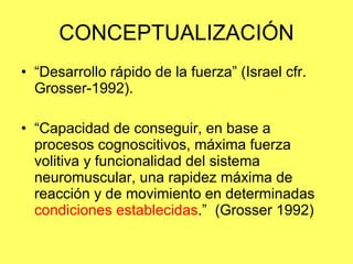 CONCEPTUALIZACIÓN “ Desarrollo rápido de la fuerza” (Israel cfr. Grosser-1992). “ Capacidad de conseguir, en base a procesos cognoscitivos, máxima fuerza volitiva y funcionalidad del sistema neuromuscular, una rapidez máxima de reacción y de movimiento en determinadas  condiciones establecidas .”  (Grosser 1992) 