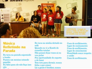 Música Refletindo na Parada 
Eu tava na parada esperando o buzão 
Passou um menino catando papelão 
Eu falei para ele não faça isso não 
Ele olhou p mim 
Eu tava na minha deitado no sofá 
Quando eu vi a Kombi do conselho tutelar 
Não pensei duas vezes ai eu vou pular 
Pra oportunidade do esporte e do lazer 
Tem teto para dormir, nunca falta o que comer 
Lá a gente é brother, nunca Casa de acolhimento, lugar de ensinamento 
Casa de acolhimento, lugar de crescimento 
Humildade amor respeito e união 
Casa de acolhimento 
COMPOSIÇÃO -Exemplo de música criada em Oficina por Herbert, a título ilustrativo de trabalho bem sucedido.  