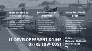 LE DÉVELOPPEMENT D’UNE
OFFRE LOW-COST
IDTGV
Ouigo (et Ouibus !)
Intercités éco
Izy…
Baisse des coûts de
commercialisation
- Vente des billets en ligne
- Accueil et vérification des
titres de transport à
l’embarquement
- Services en option
Baisse des coûts de
production
- Rentabilisation du
matériel (plus de places
remplies grâce à
l’aménagement ou la
vente de strapontins)
- Fonctionnement en flux
tendu
Baisse des coûts de
péage
- Escales dans des gares
moins fréquentées
(Massy, Tourcoing…)
- Evitement des LGV
- Circulation en dehors des
périodes de pointe
 