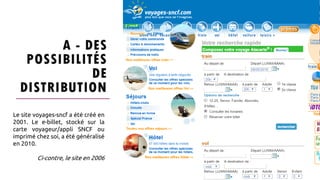 A - DES
POSSIBILITÉS
DE
DISTRIBUTION
Le site voyages-sncf a été créé en
2001. Le e-billet, stocké sur la
carte voyageur/appli SNCF ou
imprimé chez soi, a été généralisé
en 2010.
Ci-contre, le site en 2006
 