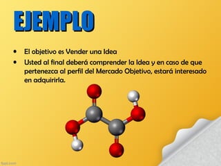 EJEMPLOEJEMPLO
• El objetivo es Vender una Idea
• Usted al final deberá comprender la Idea y en caso de que
pertenezca al perfil del Mercado Objetivo, estará interesado
en adquirirla.
 