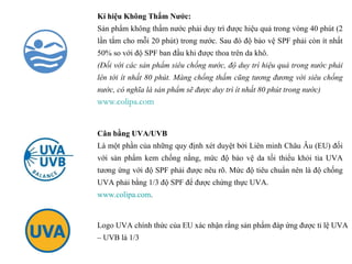 Kí hiệu Không Thấm Nước:
Sản phẩm không thấm nước phải duy trì được hiệu quả trong vòng 40 phút (2
lần tắm cho mỗi 20 phút) trong nước. Sau đó độ bảo vệ SPF phải còn ít nhất
50% so với độ SPF ban đầu khi được thoa trên da khô.
(Đối với các sản phẩm siêu chống nước, độ duy trì hiệu quả trong nước phải
lên tới ít nhất 80 phút. Màng chống thấm cũng tương đương với siêu chống
nước, có nghĩa là sản phẩm sẽ được duy trì ít nhất 80 phút trong nước)
www.colipa.com


Cân bằng UVA/UVB
Là một phần của những quy định xét duyệt bởi Liên minh Châu Âu (EU) đối
với sản phẩm kem chống nắng, mức độ bảo vệ da tối thiểu khỏi tia UVA
tương ứng với độ SPF phải được nêu rõ. Mức độ tiêu chuẩn nên là độ chống
UVA phải bằng 1/3 độ SPF để được chứng thực UVA.
www.colipa.com.


Logo UVA chính thức của EU xác nhận rằng sản phẩm đáp ứng được tỉ lệ UVA
– UVB là 1/3
 