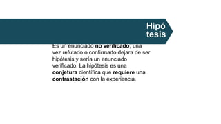 Es un enunciado no verificado, una
vez refutado o confirmado dejara de ser
hipótesis y sería un enunciado
verificado. La hipótesis es una
conjetura científica que requiere una
contrastación con la experiencia.
Hipó
tesis
 
