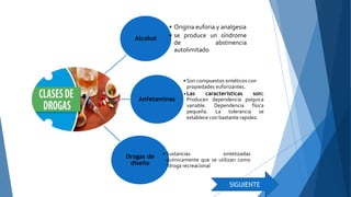 Alcohol
• Origina euforia y analgesia
• se produce un síndrome
de abstinencia
autolimitado
Anfetaminas
• Son compuestos sintéticos con
propiedades euforizantes.
•Las características son:
Producen dependencia psíquica
variable. Dependencia física
pequeña. La tolerancia se
establece con bastante rapidez.
Drogas de
diseño
• Sustancias sintetizadas
químicamente que se utilizan como
"droga recreacional
SIGUIENTE
 