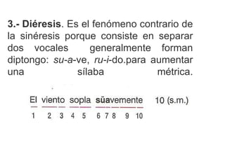3.-   Diéresis . Es el fenómeno contrario de la sinéresis porque consiste en separar dos vocales  generalmente forman diptongo:  su-a -ve,  ru-i -do.para aumentar una sílaba métrica. 