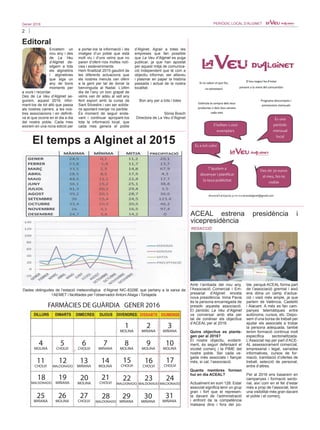2
Gener 2016 PERIÒDIC LOCAL D’ALGINET
Editoral
ACEAL estrena presidència i
vicepresidència
REDACCIÓ
Dades obtingudes de l’estació meteorològica d‘Alginet NIC-8328E que pertany a la xarxa de
l’AEMET i facilitades per l’observador Antoni Aliaga i Tortajada
Amb l’arribada del nou any,
l’Associació Comercial i Em-
presarial d’Alginet enceta
nova presidència. Inma Pavia
és la persona encarregada de
presidir aquesta associació.
El periòdic La Veu d’Alginet
va conversar amb ella per
tal de conéixer els objectius
d’ACEAL per al 2016.
Quins objectius es plante-
gen per al 2016?
El nostre objectiu, evident-
ment, és seguir defensant el
xicotet comerç i la PIME del
nostre poble. Ser cada ve-
gada més associats i fiançar
més, si cal, l’associació.
Quants membres formen
hui en dia ACEAL?
Actualment en som 128. Estar
associat significa tenir un grup
gran i fort que el represen-
ta davant de l’administració
i enfront de la competència
malsana dins i fora del po-
ble, perquè ACEAL forma part
de l’associació gremial i això
ens dóna un camp d’actua-
ció i visió més ample, ja que
parlem de València, Castelló
i Alacant. A més es fan cam-
panyes telemàtiques entre
autònoms, cursos, etc. Dispo-
sem d’una borsa de treball per
ajudar els associats a trobar
la persona adequada, també
tenim formació contínua molt
específica sectorialitzada.
L’Associat rep per part d’ACE-
AL assessorament comercial,
empresarial i legal, xarrades
informatives, cursos de for-
mació, tramitació d’ofertes de
treball, selecció de personal,
entre d’altres.
Per al 2016 ens basarem en
campanyes i formació secto-
rial, així com en el fet d’estar
més a prop de l’associat, tenir
una visibilitat més gran davant
el poble i el comerç.
Encetem un
nou any i des
de La Veu
d’Alginet de-
sitgem a tots
els alginetins
i alginetines
que siga un
any de bons
moments per
a viure i recordar.
Des de La Veu d’Alginet se-
guirem, aquest 2016, infor-
mant-los de tot allò que passa
als nostres carrers, a les nos-
tres associacions i en definiti-
va el que ocorre en el dia a dia
del nostre poble. Cada mes
eixirem en una nova edició per
a portar-los la informació i les
imatges d’un poble que està
molt viu i d’uns veïns que no
paren d’oferir-nos moltes notí-
cies i esdeveniments.
Hem finalitzat 2015 gaudint de
les diferents actuacions que
els nostres menuts van oferir
a la gent per tal de donar la
benvinguda al Nadal. L’últim
dia de l’any un bon grapat de
veïns van dir adéu al vell any
fent esport amb la cursa de
Sant Silvestre i van ser solida-
ris aportant menjar no perible.
És moment de seguir enda-
vant i continuar apropant-los
tota la informació local, que
cada mes genera el poble
d’Alginet. Agrair a totes les
empreses que fan possible
que La Veu d’Alginet es puga
publicar, ja que han apostat
per aquest mitjà de comunica-
ció independent que té com a
objectiu informar, ser altaveu
i plasmar en paper la història
passada i actual de la nostra
localitat.
Bon any per a tots i totes
Sònia Bosch
Directora de La Veu d’Alginet
El temps a Alginet al 2015
FARMÀCIES DE GUÀRDIA GENER 2016
1
MOLINA
2
MIÑANA
3
MIÑANA
8
MOLINA
9
MOLINA
10
MOLINA
15
CHOLVI
16
CHOLVI
17
CHOLVI
5
CHOLVI
6
CHOLVI
7
MIÑANA
12
MALDONADO
13
MIÑANA
14
MOLINA
19
MIÑANA
20
MOLINA
21
CHOLVI
26
MOLINA
27
CHOLVI
29
MIÑANA
30
MIÑANA
31
MIÑANA
4
MOLINA
11
CHOLVI
25
MIÑANA
18
MALDONADO
22
MALDONADO
23
MALDONADO
24
MALDONADO
28
MALDONADO
 