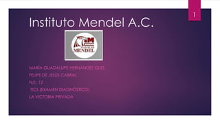 Instituto Mendel A.C.
MARÍA GUADALUPE HERNÁNDEZ GUEL
FELIPE DE JESÚS CABRAL
N/L: 12
TICS (EXAMEN DIAGNÓSTICO)
LA VICTORIA PRIVADA
1
 