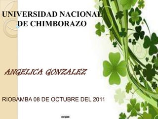 UNIVERSIDAD NACIONAL
   DE CHIMBORAZO




ANGELICA GONZALEZ


RIOBAMBA 08 DE OCTUBRE DEL 2011
 