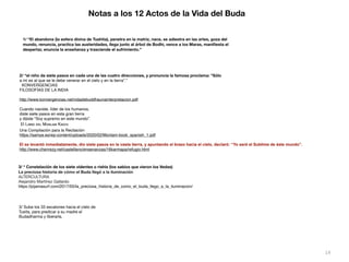 14
3/ Sube los 33 escalones hacia el cielo de
Tusita, para predicar a su madre el
Budadharma y liberarla.
3/ * Constelación de los siete videntes o rishis (los sabios que vieron los Vedas)
La preciosa historia de cómo el Buda llegó a la iluminación
ALTERCULTURA

Alejandro Martínez Gallardo

https://pijamasurf.com/2017/05/la_preciosa_historia_de_como_el_buda_llego_a_la_iluminacion/
2/ “el niño da siete pasos en cada una de las cuatro direcciones, y pronuncia la famosa proclama: "Sólo
a mí es al que se le debe venerar en el cielo y en la tierra”.
”

KONVERGENCIA
S

FILOSOFÍAS DE LA INDI
A

http://www.konvergencias.net/vidadebuddhaunainterpretacion.pdf
Cuando naciste, líder de los humanos
,

diste siete pasos en esta gran tierr
a

y dijiste "Soy supremo en este mundo”
.

El LIBRO DEL MONLAM KAGYU
Una Compilación para la Recitació
n

https://samye.es/wp-content/uploads/2020/02/Monlam-book_spanish_1.pdf
El se levantó inmediatamente, dio siete pasos en la vasta tierra, y apuntando el brazo hacia el cielo, declaró: “Yo seré el Sublime de éste mundo”.


http://www.chenrezy.net/castellano/ensenanzas/16karmapa/refugio.html
1/ “El abandona (la esfera divina de Tushita), penetra en la matriz, nace, se adiestra en las artes, goza del
mundo, renuncia, practica las austeridades, llega junto al árbol de Bodhi, vence a los Maras, mani
fi
esta el
despertar, enuncia la enseñanza y trasciende el sufrimiento.”
Notas a los 12 Actos de la Vida del Buda
 