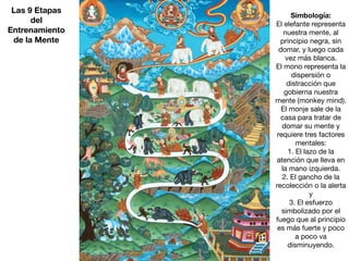 Las 9 Etapas
del
Entrenamiento
de la Mente
Simbología:
El elefante representa
nuestra mente, al
principio negra, sin
domar, y luego cada
vez más blanca.

El mono representa la
dispersión o
distracción que
gobierna nuestra
mente (monkey mind).

El monje sale de la
casa para tratar de
domar su mente y
requiere tres factores
mentales:

1. El lazo de la
atención que lleva en
la mano izquierda.

2. El gancho de la
recolección o la alerta
y

3. El esfuerzo
simbolizado por el
fuego que al principio
es más fuerte y poco
a poco va
disminuyendo.
 