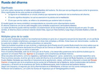 Rueda del dharm
a

Signi
fi
cad
o

Los ocho radios representan el noble camino polifacético del budismo. Se dice que son puntiagudos para cortar la ignorancia
.

Otros signi
fi
cados de las ocho puntas en el budismo son
:

▪ La
fi
gura en su totalidad es un círculo (chakra) que representa la perfección de la enseñanza del dharma
;

▪ El centro signi
fi
ca disciplina, la cual es esencial en la práctica de la meditación
;

▪ El aro que une los radios, se re
fi
ere a la conciencia que sostiene todo el conjunto
.

El mudrá (gesto de manos simbólico) correspondiente es conocido como dharmachakra mudrá
.

El dharma chakra es uno de los asta mangala (‘ocho símbolos auspiciosos’) del budismo tibetano
.

La rueda del dharma puede referirse también a la diseminación de las enseñanzas del dharma de país en país. En este
sentido, el dharma chacra comenzó rodando desde India, siguió por Asia Central y luego llegó al Sureste Asiático y Este de
Asia
.

Múltiples giros de la rued
a

Las escuelas mahaianas clasi
fi
can las enseñanzas budistas en giros de un esquema secuencial de desarrollo, en el cual Buda
comenzó con simples enseñanzas y prosiguió con otras más complejas y difíciles. Estas fases son denominadas «vueltas de
la rueda de la religión» (dharma chakra pravartana, en sánscrito)
.

Todos los budistas acuerdan en que el primer y original giro de la Rueda ocurrió cuando Buda enseño los cinco sabios que se
convertirían en sus primeros discípulos en el Parque de los Ciervos en Sarnath. En memoria de esto, a veces la rueda del
dharma se representa con un ciervo a cada lado
.

Para el budismo theravāda, este fue el único giro de la Rueda, y los desarrollos posteriores de la doctrina budista que no
aparecen en el Canon Pali o los Agamas no se aceptan como enseñanzas del Buda histórico
.

Otras escuelas del budismo, como la majaiana y vashraiana distiguieron «giros» posteriores. La cantidad especí
fi
ca varía.
Para la primera escuela, el primer giro de la rueda del dharma es la enseñanza original del Buda Gautama, en particular las
Cuatro Nobles Verdades que describe el mecanismo de la aprehensión, deseo, sufrimiento y liberación a través del Óctuple
Camino; el segundo giro es la enseñanza de los sutras de la Perfección de la Sabiduría, textos fundacionales del budismo
mahayana; y el tercero es la enseñanza del Tantra de Mahavairocana, texto fundacional del budismo tántrico
.

Según otro esquema, el segundo giro de la dharmachakra es el Abhidharma, el tercero son los sutras mahayana de la
Perfección de la Sabiduría, y el cuarto los Sutras de Yogacarya que el Tathagatagarbha enseñó
.

 