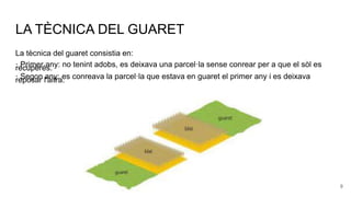 LA TÈCNICA DEL GUARET
La tècnica del guaret consistia en:
· Primer any: no tenint adobs, es deixava una parcel·la sense conrear per a que el sòl es
recuperés.
· Segon any: es conreava la parcel·la que estava en guaret el primer any i es deixava
reposar l'altra.
9
 