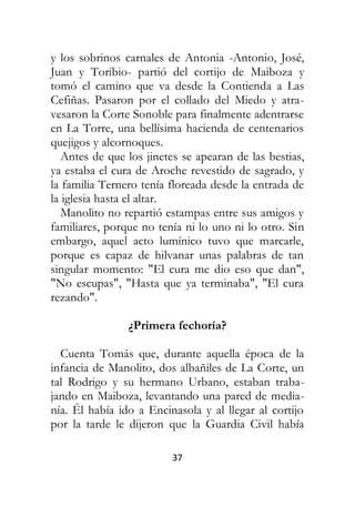 37
y los sobrinos carnales de Antonia -Antonio, José,
Juan y Toribio- partió del cortijo de Maiboza y
tomó el camino que va desde la Contienda a Las
Cefiñas. Pasaron por el collado del Miedo y atra-
vesaron la Corte Sonoble para finalmente adentrarse
en La Torre, una bellísima hacienda de centenarios
quejigos y alcornoques.
Antes de que los jinetes se apearan de las bestias,
ya estaba el cura de Aroche revestido de sagrado, y
la familia Ternero tenía floreada desde la entrada de
la iglesia hasta el altar.
Manolito no repartió estampas entre sus amigos y
familiares, porque no tenía ni lo uno ni lo otro. Sin
embargo, aquel acto lumínico tuvo que marcarle,
porque es capaz de hilvanar unas palabras de tan
singular momento: "El cura me dio eso que dan",
"No escupas", "Hasta que ya terminaba", "El cura
rezando".
¿Primera fechoría?
Cuenta Tomás que, durante aquella época de la
infancia de Manolito, dos albañiles de La Corte, un
tal Rodrigo y su hermano Urbano, estaban traba-
jando en Maiboza, levantando una pared de media-
nía. Él había ido a Encinasola y al llegar al cortijo
por la tarde le dijeron que la Guardia Civil había
 