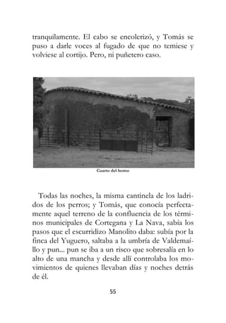 55
tranquilamente. El cabo se encolerizó, y Tomás se
puso a darle voces al fugado de que no temiese y
volviese al cortijo. Pero, ni puñetero caso.
Cuarto del horno
Todas las noches, la misma cantinela de los ladri-
dos de los perros; y Tomás, que conocía perfecta-
mente aquel terreno de la confluencia de los térmi-
nos municipales de Cortegana y La Nava, sabía los
pasos que el escurridizo Manolito daba: subía por la
finca del Yuguero, saltaba a la umbría de Valdemaí-
llo y pun... pun se iba a un risco que sobresalía en lo
alto de una mancha y desde allí controlaba los mo-
vimientos de quienes llevaban días y noches detrás
de él.
 