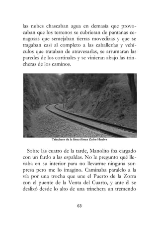 63
las nubes chascaban agua en demasía que provo-
caban que los terrenos se cubrieran de pantanas ce-
nagosas que semejaban tierras movedizas y que se
tragaban casi al completo a las caballerías y vehí-
culos que trataban de atravesarlas, se arrumaran las
paredes de los cortinales y se vinieran abajo las trin-
cheras de los caminos.
Trinchera de la línea férrea Zafra-Huelva
Sobre las cuatro de la tarde, Manolito iba cargado
con un fardo a las espaldas. No le pregunto qué lle-
vaba en su interior para no llevarme ninguna sor-
presa pero me lo imagino. Caminaba paralelo a la
vía por una trocha que une el Puerto de la Zorra
con el puente de la Venta del Cuarto, y ante él se
deslizó desde lo alto de una trinchera un tremendo
 