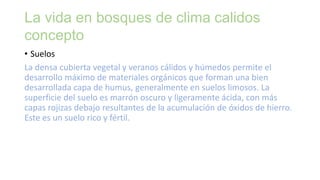 La vida en bosques de clima calidos
concepto
• Suelos
La densa cubierta vegetal y veranos cálidos y húmedos permite el
desarrollo máximo de materiales orgánicos que forman una bien
desarrollada capa de humus, generalmente en suelos limosos. La
superficie del suelo es marrón oscuro y ligeramente ácida, con más
capas rojizas debajo resultantes de la acumulación de óxidos de hierro.
Este es un suelo rico y fértil.
 