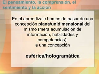 El pensamiento, la comprensión, el
sentimiento y la acción
En el aprendizaje hemos de pasar de una
concepción plana/unidimensional del
mismo (mera acumulación de
información, habilidades y
competencias),
a una concepción
esférica/hologramática
 
