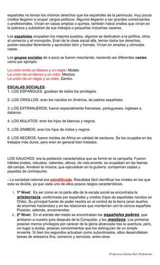 españoles no tenían los mismos derechos que los españoles de la península, muy pocos
criollos llegaron a ocupar cargos políticos. Algunos llegaron a ser grandes comerciantes
o profesionales. Vivían en casas amplias o quintas, también había criollos que vivían en
la pobreza y subsistían de sus trabajos o pequeñas industrias caseras.

Los españoles ocupaban los mejores puestos, algunos se dedicaban a la política, otros
al comercio y al monopolio. Eran de la clase social alta, tenían todos los derechos,
podían estudiar libremente y aprendían latín y francés. Vivían en amplias y cómodas
casas.

Los grupos sociales de a poco se fueron mezclando, naciendo así diferentes castas
como por ejemplo:

La unión entre un blanco y un negro: Mulato
La unión de un blanco y un indio: Mestizo
La unión de un negro y un indio: Zambo.

ESCALAS SOCIALES:
1. LOS ESPAÑOLES: gozaban de todos los privilegios.

2. LOS CRIOLLOS: eran los nacidos en América, de padres españoles.

3. LOS EXTRANJEROS; fueron especialmente franceses, portugueses, ingleses e
italianos.

4. LOS MULATOS: eran los hijos de blancos y negros.

5. LOS ZAMBOS: eran los hijos de indios y negros

6. LOS NEGROS; fueron traídos de Africa en calidad de esclavos. Se los ocupaba en los
trabajos más duros, pero eran en general bien tratados.



LOS GAUCHOS: era la población característica que se formó en la campaña. Fueron
hábiles jinetes, robustos, valientes, altivos, de vida errante; se ocupaban en las faenas
del campo. Amaban la música, que ejecutaban en la guitarra: componían coplas y
payadas de contrapunto.

- La sociedad colonial era estratificada. Resultaba fácil identificar los niveles en los que
esta se dividía, ya que cada uno de ellos poseía rasgos característicos.

   1. 1º Nivel: Es así como en la parte alta de la escala social se encontraba la
      aristocracia, conformada por españoles y criollos (hijos de españoles nacidos en
      Chile). Su principal fuente de poder residía en el control de la tierra (eran dueños
      de enormes haciendas) y en las relaciones que mantenían con la corona española.
      Poseían, además, encomiendas.
   2. 2º Nivel: En el estrato del medio se encontraban los españoles pobres, que
      arribaron a nuestro país después de la Conquista, y los mestizos. Los primeros
      poseían menos privilegios por carecer de la gloria alcanzada tras la aventura, pero,
      sin lugar a dudas, poseían conocimientos que los distinguían de un simple
      sirviente. Si bien los segundos actuaban como subordinados, ellos desarrollaban
      tareas de artesanía fina, comercio y servicios, entre otras.



                                                                 Profesora Liliana Inés Pedemonte
 