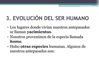 Nos centramos en la Prehistoria
• La Prehistoria abarca un periodo de tiempo
  que se inicia con el origen de la especie humana,
  hace más de dos millones de años, y se extiende
  hasta la aparición de la escritura (3500 a.C.).
 