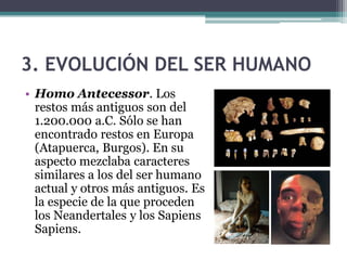 1.1. Adaptación y evolución
• Hace unos seis millones
  de años, algunos
  primates, en África,
  iniciaron una lenta
  evolución para adaptarse
  a las nuevas condiciones
  climáticas y sobrevivir en
  un medio hostil.
 