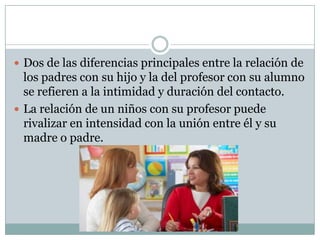  Dos de las diferencias principales entre la relación de
los padres con su hijo y la del profesor con su alumno
se refieren a la intimidad y duración del contacto.
 La relación de un niños con su profesor puede
rivalizar en intensidad con la unión entre él y su
madre o padre.
 