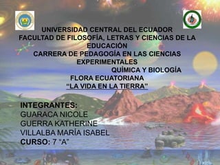 UNIVERSIDAD CENTRAL DEL ECUADOR
FACULTAD DE FILOSOFÍA, LETRAS Y CIENCIAS DE LA
EDUCACIÓN
CARRERA DE PEDAGOGÍA EN LAS CIENCIAS
EXPERIMENTALES
QUÍMICA Y BIOLOGÍA
FLORA ECUATORIANA
“LA VIDA EN LA TIERRA”
INTEGRANTES:
GUARACA NICOLE
GUERRA KATHERINE
VILLALBA MARÍA ISABEL
CURSO: 7 “A”
 