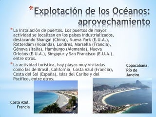 *
*La instalación de puertos. Los puertos de mayor
actividad se localizan en los países industrializados,
destacando Shangai (China), Nueva York (E.U.A.),
Rotterdam (Holanda), Londres, Marsella (Francia),
Génova (Italia), Hamburgo (Alemania), Nueva
Orleáns (E.U.A.), Singapur y San Francisco (E.U.A.),
entre otros.
*La actividad turística, hay playas muy visitadas
como las de Brasil, California, Costa Azul (Francia),
Costa del Sol (España), islas del Caribe y del
Pacífico, entre otros.
Copacabana,
Río de
Janeiro
Costa Azul,
Francia
 