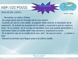 ABP: LOS POLOSABP: LOS POLOS
SUEÑA - CREA - COMPARTE
Made in consolación
Aprendo + contigoAprendo + contigo
RutiMola
s
REGLAS DEL JUEGO:
- Necesitas un dado y fichas.
-Se juega igual que en el juego de la oca común.
-Cuando se cae en una casilla, el jugador debe acertar el resultado de la
operación. Si acierta se quedará en la casilla y esperará a que le vuelva a
tocar. Si no acierta, se le corrige el resultado para que pueda aprenderlo y
retrocede hasta la casilla taller mas cercana y esperará su turno.
-Si el alumno cae en la casilla de la oca, dirá “ de oca en coca”… y vuelve a
tirar.
-Ganará el primero que llegue justo a la ultima casilla.
 