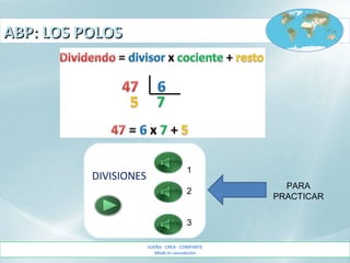 ABP: LOS POLOSABP: LOS POLOS
SUEÑA - CREA - COMPARTE
Made in consolación
DIVISIONES
1
2
3
PARA
PRACTICAR
 