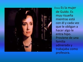 Dora:Es la mujer
de Guido. Es
muy risueña
mientras está
con él y cada vez
que le obligan a
hacer algo le
entra hipo.
Proviene de una
familia
adinerada y
trabajaba como
profesora.
 