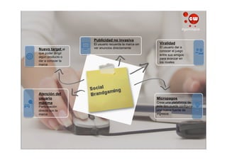 #gamingcw


                    Publicidad no invasiva
                    El usuario recuerda la marca sin     Viralidad
                    ver anuncios directamente            El usuario dar a
Nuevo target al                                          conocer el juego
que poder dirigir
                                                         entre sus amigos
algún producto o
                                                         para avanzar en
dar a conocer la                                         los niveles
marca




Atención del
usuario                                                Micropagos
máxima                                                 Crear una plataforma de
Participación                                          este tipo puede configurar
directa con la                                         una nueva fuente de
marca                                                  ingresos
 