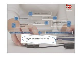 #gamingcw

                             Publicidad no invasiva


                                           Viralidad
            Nuevo target

                                                       Los usuarios emplean
                             Micropagos
                                                       el tiempo en la marca
             Atención del
             usuario



Alta exposición a la marca                     Recepción positiva de la marca



                     Mayor recuerdo de la marca
 