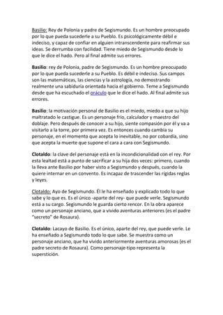 Basilio: Rey de Polonia y padre de Segismundo. Es un hombre preocupado
por lo que pueda sucederle a su Pueblo. Es psicológicamente débil e
indeciso, y capaz de confiar en alguien intranscendente para reafirmar sus
ideas. Se derrumba con facilidad. Tiene miedo de Segismundo desde lo
que le dice el hado. Pero al final admite sus errores.

Basilio: rey de Polonia, padre de Segismundo. Es un hombre preocupado
por lo que pueda sucederle a su Pueblo. Es débil e indeciso. Sus campos
son las matemáticas, las ciencias y la astrología, no demostrando
realmente una sabiduría orientada hacia el gobierno. Teme a Segismundo
desde que ha escuchado el oráculo que le dice el hado. Al final admite sus
errores.

Basilio: la motivación personal de Basilio es el miedo, miedo a que su hijo
maltratado le castigue. Es un personaje frío, calculador y maestro del
doblaje. Pero después de conocer a su hijo, siente compasión por él y va a
visitarlo a la torre, por primera vez. Es entonces cuando cambia su
personaje, en el momento que acepta lo inevitable, no por cobardía, sino
que acepta la muerte que supone el cara a cara con Segismundo.

Clotaldo: la clave del personaje está en la incondicionalidad con el rey. Por
esta lealtad está a punto de sacrificar a su hija dos veces: primero, cuando
la lleva ante Basilio por haber visto a Segismundo y después, cuando la
quiere internar en un convento. Es incapaz de trascender las rígidas reglas
y leyes.

Clotaldo: Ayo de Segismundo. Él le ha enseñado y explicado todo lo que
sabe y lo que es. Es el único -aparte del rey- que puede verle. Segismundo
está a su cargo. Segismundo le guarda cierto rencor. En la obra aparece
como un personaje anciano, que a vivido aventuras anteriores (es el padre
“secreto” de Rosaura).

Clotaldo: Lacayo de Basilio. Es el único, aparte del rey, que puede verle. Le
ha enseñado a Segismundo todo lo que sabe. Se muestra como un
personaje anciano, que ha vivido anteriormente aventuras amorosas (es el
padre secreto de Rosaura). Como personaje-tipo representa la
superstición.
 